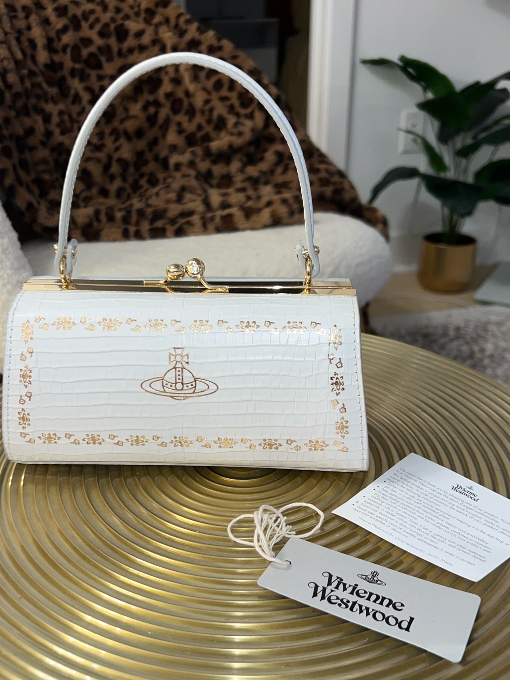 Vivienne Westwood White Croc Mini Handle Bag With Gold Hardware